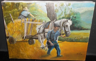 Petit tableau ancien huile sur toile scène de genre paysanne chevaux charrue - Photo 1/4