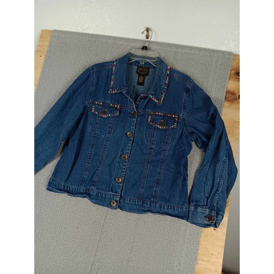 Chaqueta Camisa Vaquera Julia Kim Vintage Mujer Grande Azul Estrás Borde Abotonada Foto 4 de 4