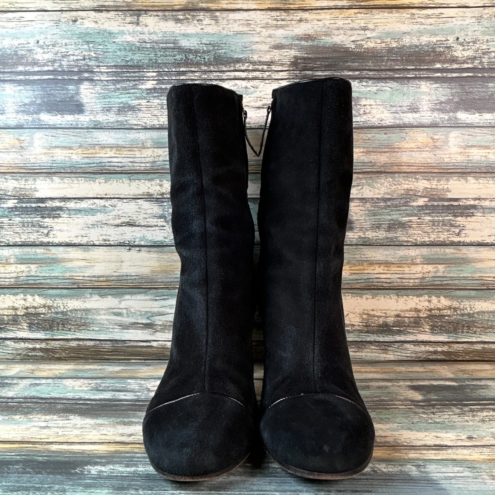 Stivaletto Kate Spade taglia 9B nero scamosciato tacco a blocco zip punta tonda abito punta cappuccio