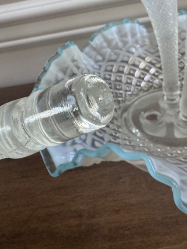 VINTAGE FENTON HOBNAIL FRENCH OPALESCENT AQUA CREST DIAMOND LACE PATTERN EPERGNE - Picture 5 of 17