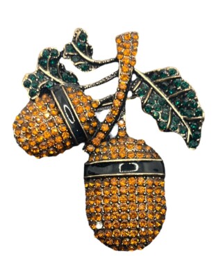 Gold tone brown & green rhinestone fall autumn acorn brooch pin pendant enamel