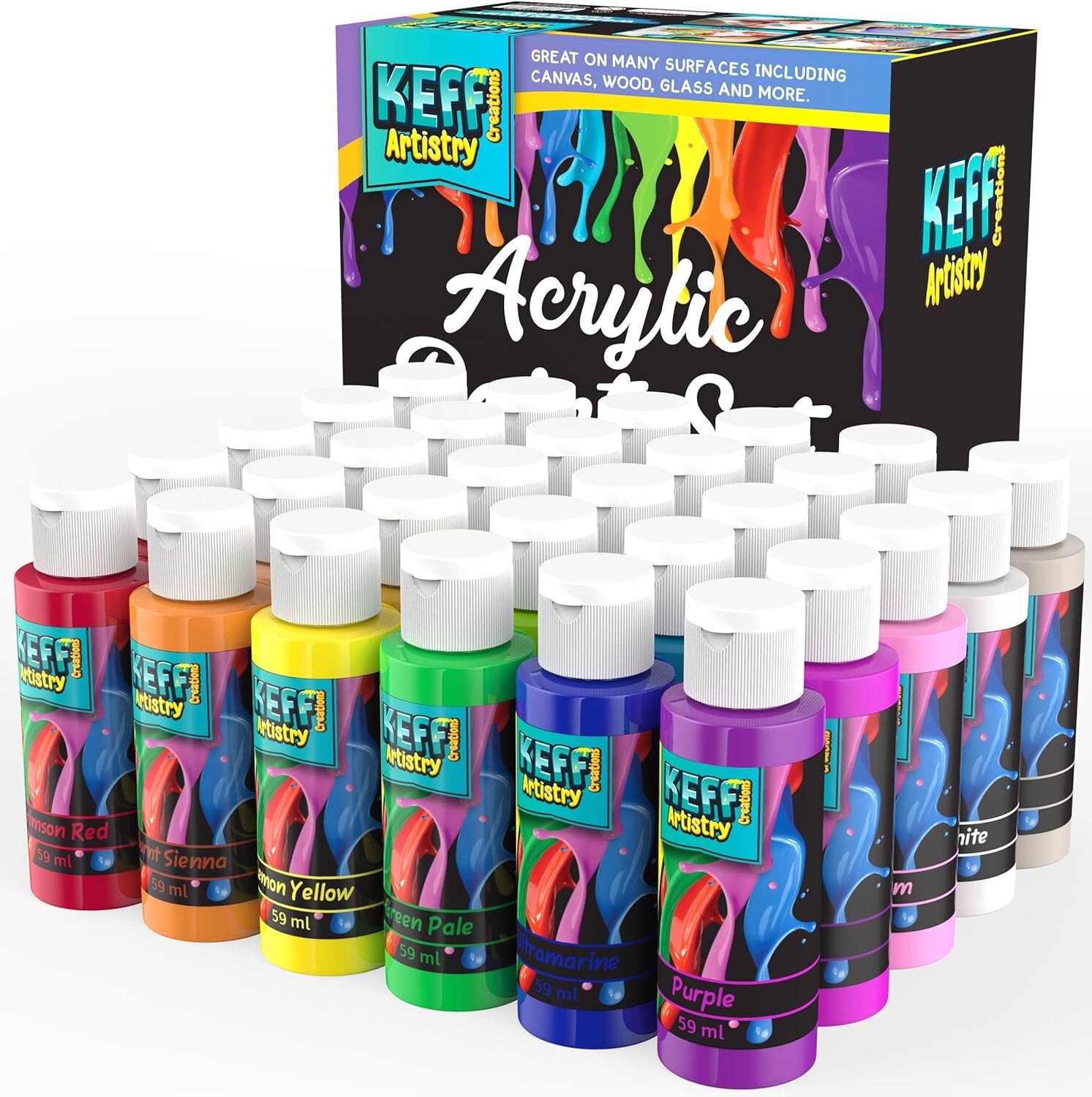 Acrylic Paint Set - 30 Color Bottles 2oz - Water-Based Creamy Matte Finish