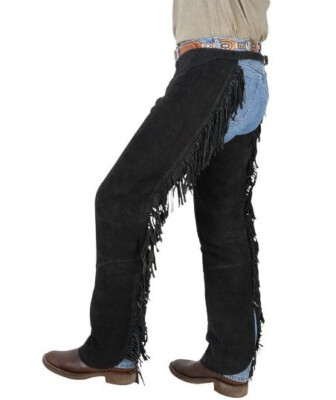''Handmade Native American Black Suede Leather Chaps Fransen Western Style''