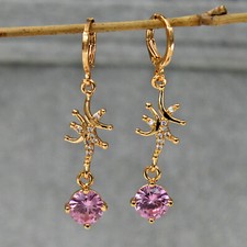Pretty New Yellow Gold Filled Round Pink Clear CZ Mini Hoop Dangle Earrings