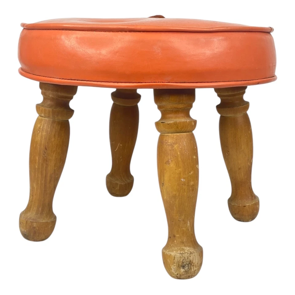 Reposapiés otomano Mid Century redondo naranja vinilo madera patas 11,5 pulgadas diámetro Foto 2 de 4