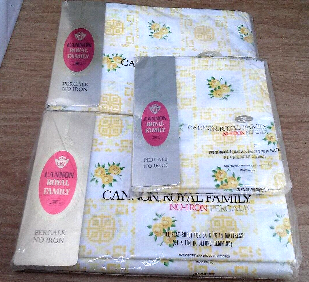 Vintage Cannon Royal Family 4-Piece Full Sheet Set in Cambridge Yellow Roses Percale