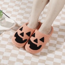 Halloween Pumpkin Face House Slipper Pink Slide On Shoe