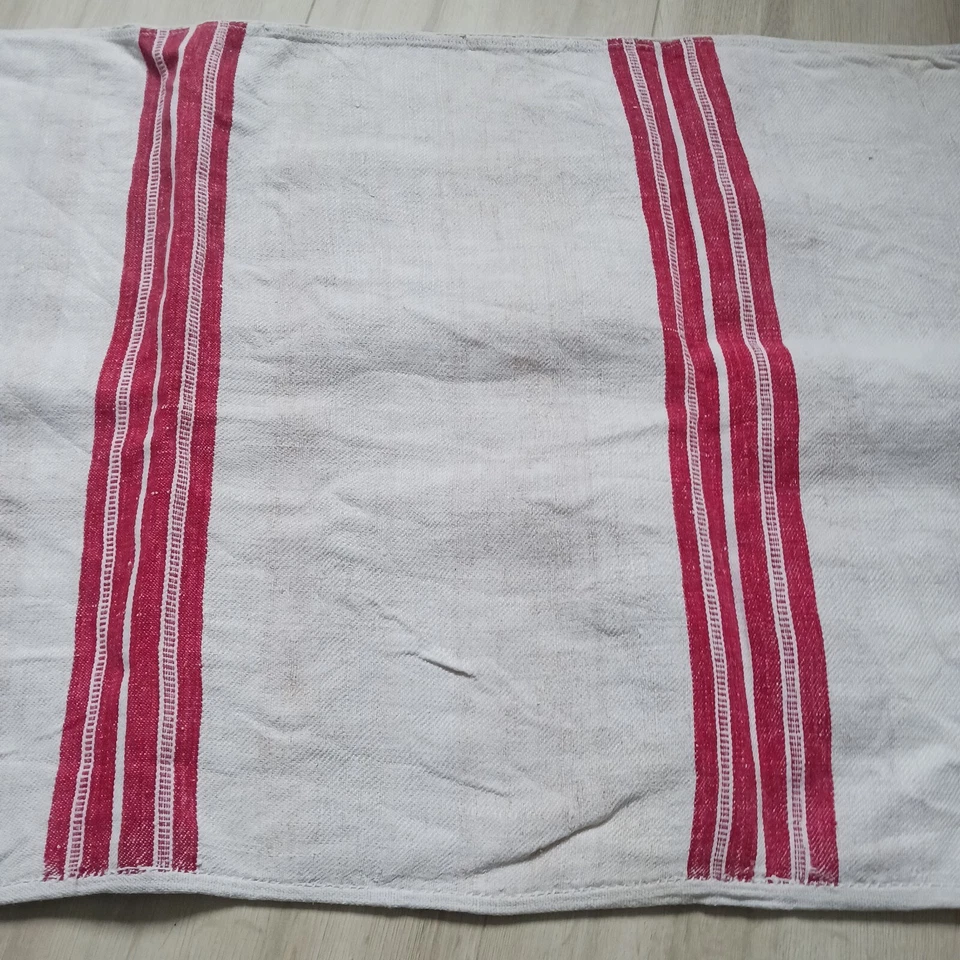 TAIE,HOUSSE TRAVERSIN ANCIENNE EN LIN ou CHANVRE LITEAUX ROUGE 98,5 X 54,5 cm - Photo 2/4