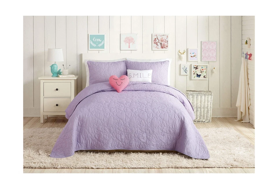 URBAN PLAYGROUND Solid Lavender Purple Hearts Kids Girls Cotton 5-Pc Quilt Se... - Image 2 of 4