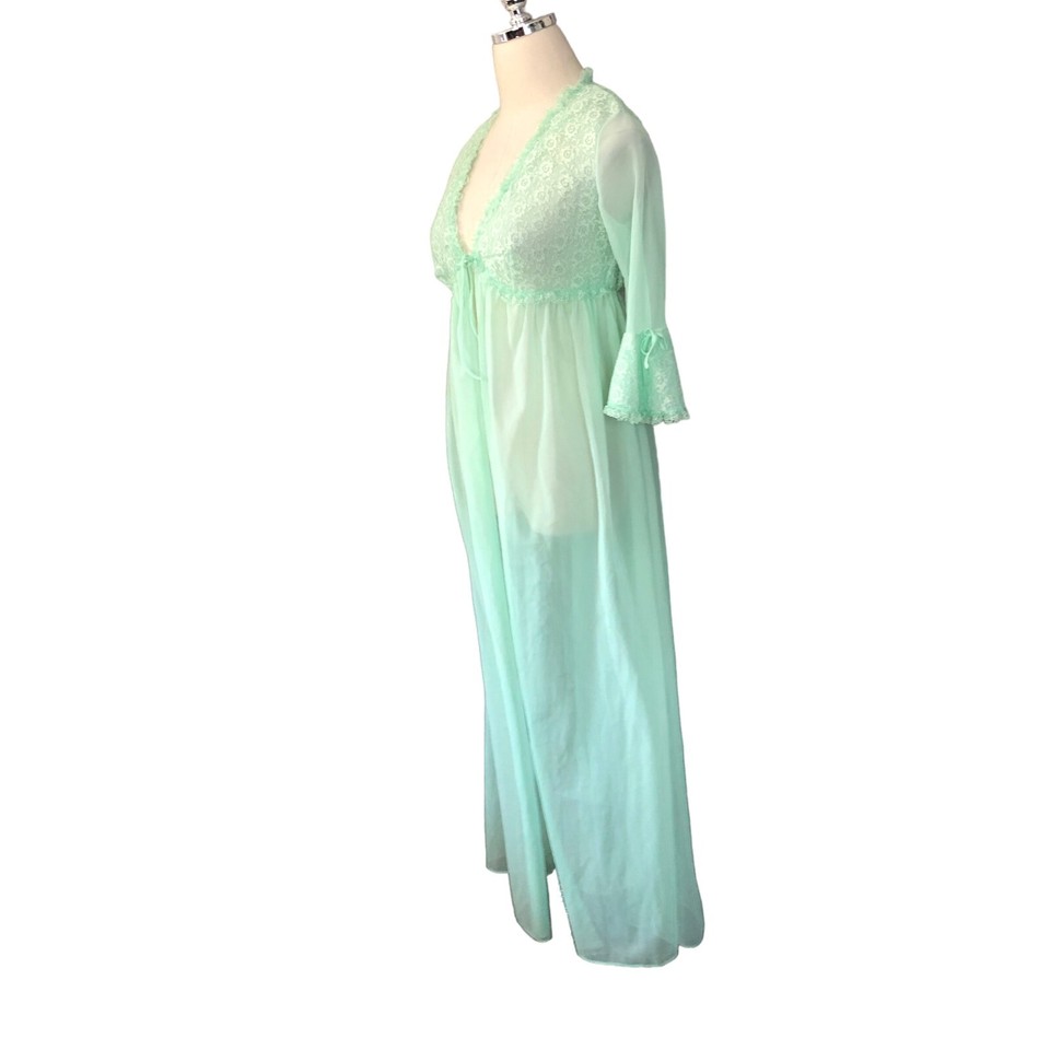Vintage Ginsberg Peignoir Robe Large Mint Green Sheer Chiffon Lace