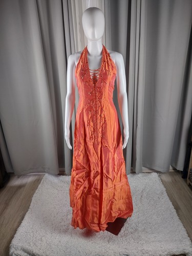 Jessica McClintock Gunne Sax Orange Halter Back, A Line Dress Size 3 Juniors - Afbeelding 1 van 10