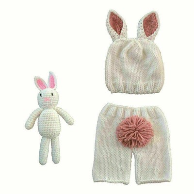Neugeborene Baby Fotografie Knit Strick Fotoshooting Kostüm Weiß Hase Puppe Foto