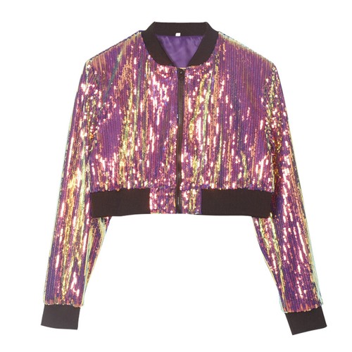 Damen Sparkle Glitzer Pailletten Kurze Jacke Langärmlig Reißverschluss Top-Party - Bild 12 von 29
