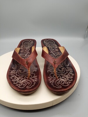 Olukai Womens 9 Wedge Sandals Leather Brown Canvis Fabric Sewn Design 