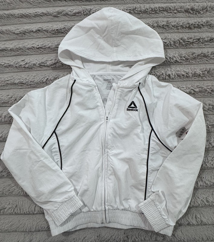 Reebok Girls Windbreaker Full Zip Hooded Jacket 7/8 White Nylon Pockets