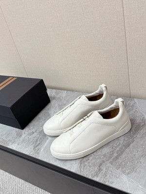 Zegna Triple Stitch White Leather Sneakers Designer Style Men free shipping
