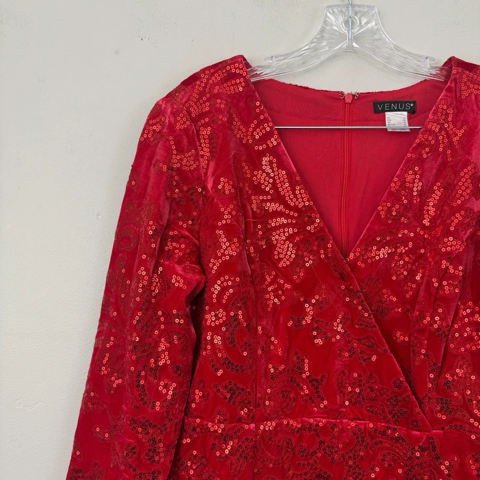 Vestido de noche Venus rojo con lentejuelas manga larga para mujer talla 12 Foto 2 de 4