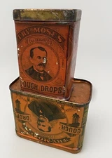 2 Moses Cough Drops Tins E.J. Hoadley Hartford CT 1 missing lid antique medicine
