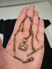 Vintage Pocket Watch Chain & Fob Monogrammed FLT Finish Has Some Wear