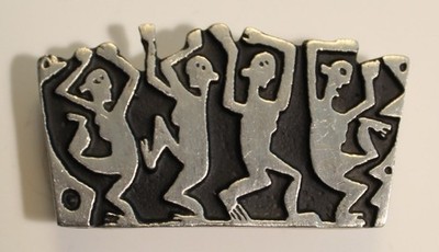 Alice Seely Dancing Figures Panel Brooch Pewter Signed 2000 Petroglyph Pin