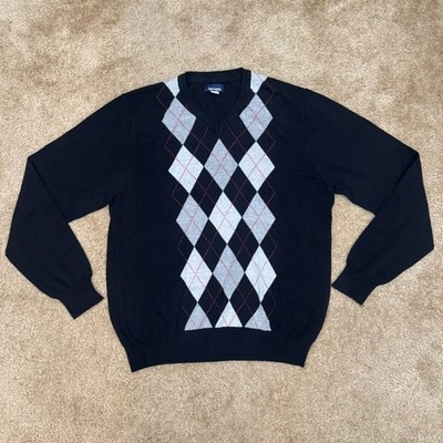 Basic Editions Men s Argyle V-Neck Sweater Size L Black Gray Cotton Blend