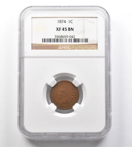 1874 Indian Head Cent XF45 BN NGC *3455