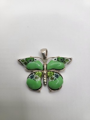 Sterling Alan K Millefiori Murano Butterfly Omega Pendant 925 Silver Green Glass