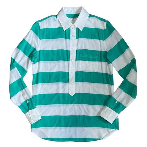 Equipment Women’s Sz XS Green White Silk Shirt Rugby Stripe Popover Top - Picture 2 of 11