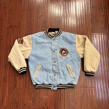 Vintage Disney Mickey Mouse Denim Bomber Varsity Jacket Size M 1928 90s Y2K