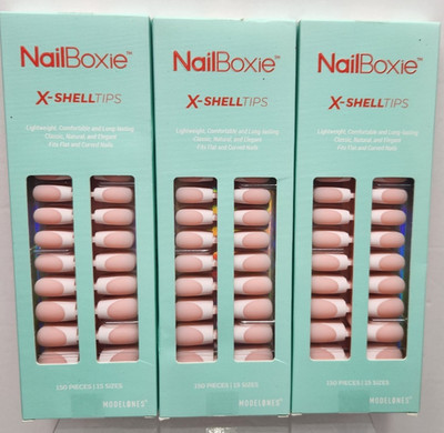 3-Modelones French Tip Press on Nails, 450 Nails 15 Sizes, Flesh/Pink Color IW1P