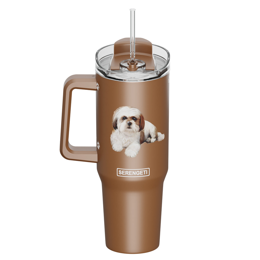 Serengeti 40 Oz Shih Tzu Tan Dog Stainless Steel Tumbler w Handle Straw - Lid 6790₽