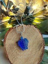 Engraved Cobalt Blue Sea Turtle Sea Glass Pendant Snake Chain Necklace