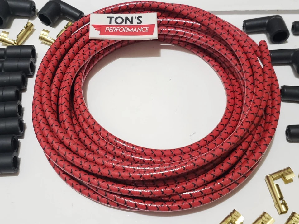 Juego de cables de bujía cubiertos de tela universal de 8 mm cables vintage v6 v8 rojo Bk Foto 2 de 4