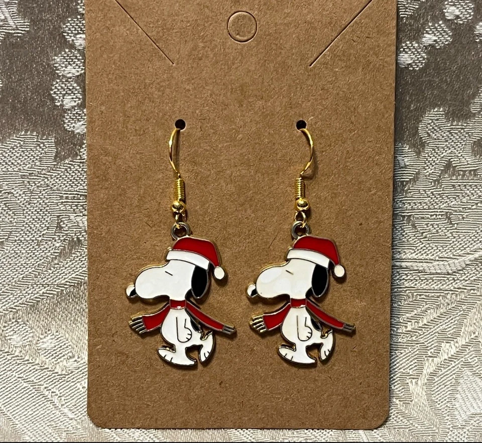Snoopy Christmas Holiday Gold Loop Enamel Drop Dangle Adorable Earring Set - Image 2 of 2