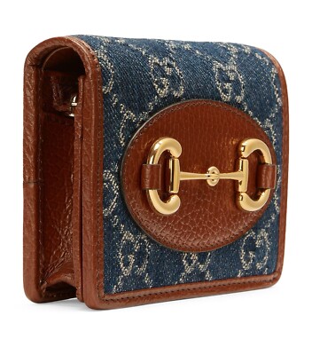 Gucci Horsebit 1955 GG Card Case Wallet Brown Leather Denim