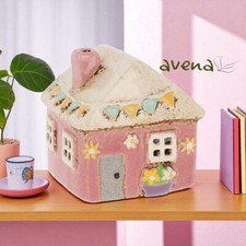 Pink House Village Pottery Cottage Ornament Tealight Candle Holder Bunting