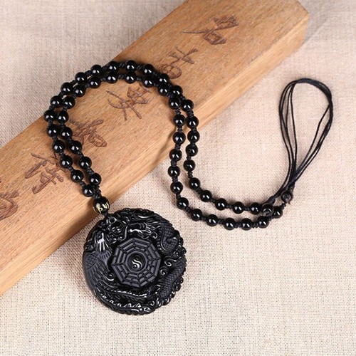 Handmade Black Dragon Phoenix Carved Lucky Pendant Obsidian Necklace BaGua - Picture 3 of 12