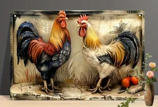 Metal Art, Retro Roosters Metal Wall Art Decor (8x12 inches)
