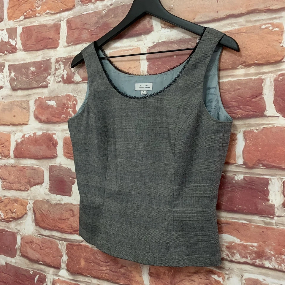 Blusa Tahari ASL Top Mujer 8 Negro Blanco A Cuadros Sin Mangas Encaje Cuello Ribete Foto 3 de 4