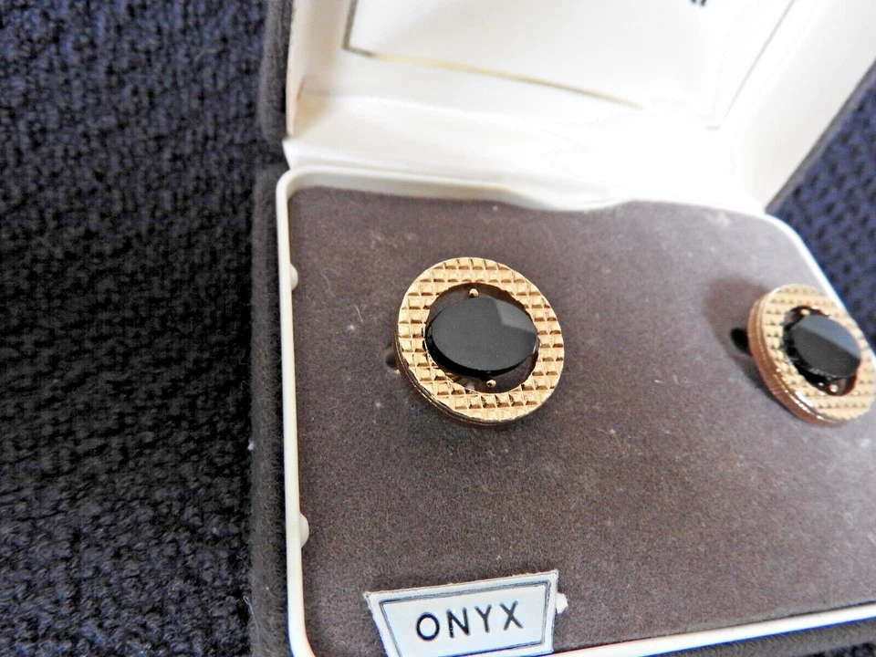 Vintage Swank de Valeur Grand Onyx Noir Boutons Manchette Hommes Original Boite - Photo 3/4