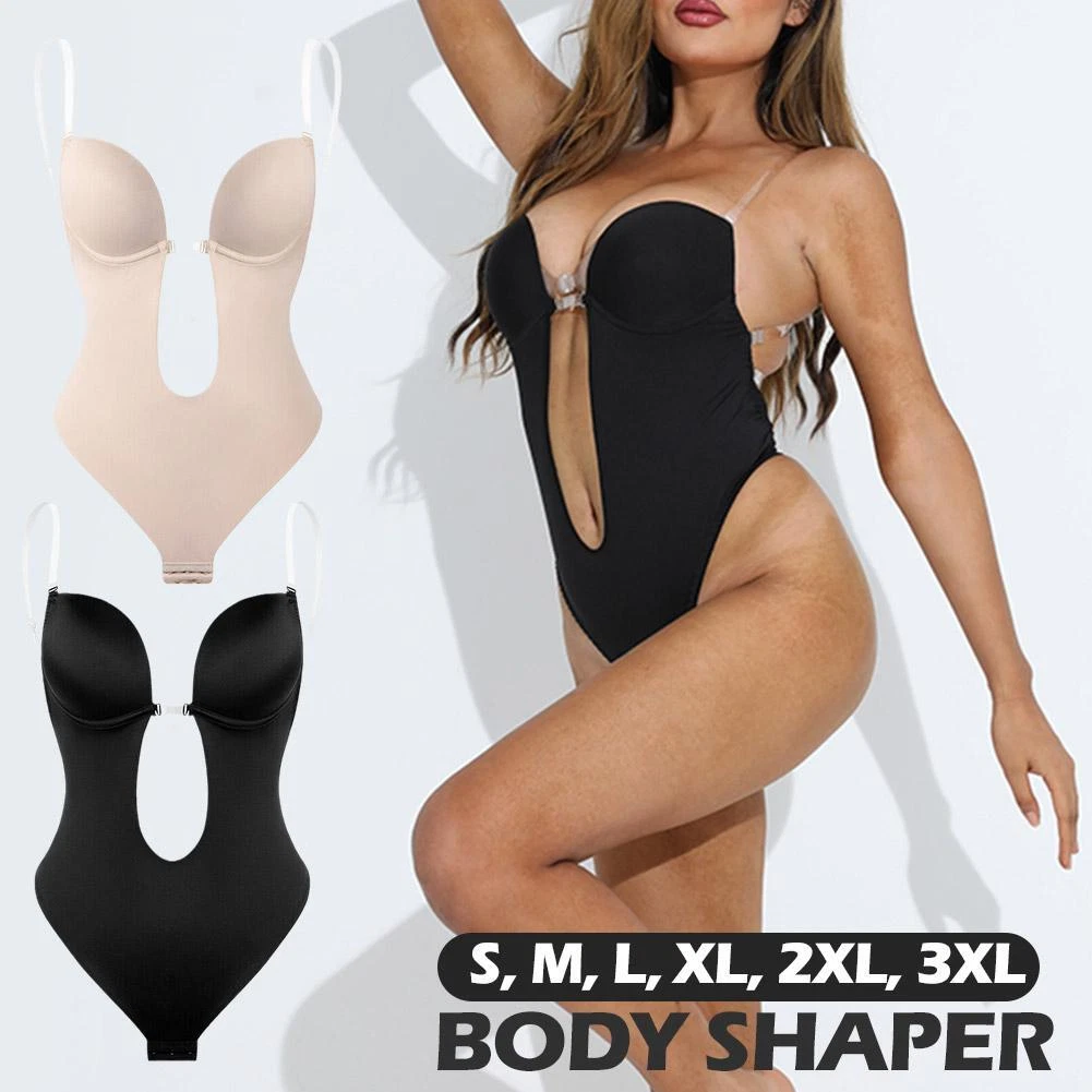 Women Invisible U Plunge Backless Push up Bra Full Body Shaper Bodysuit  Controls