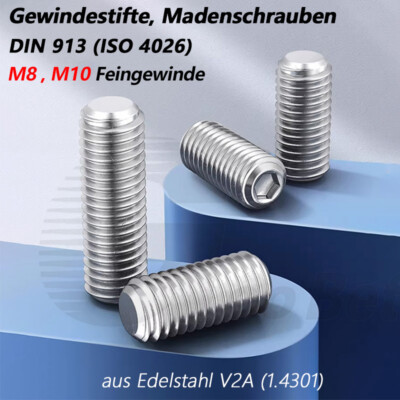 M8 M10 Madenschrauben Feingewinde Gewindestifte Edelstahl DIN 913 Kegelkuppe V2A