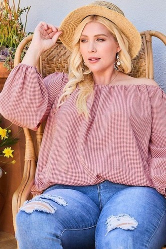 Plus Size Top Long Sleeve Off-the-Shoulder Pink Check Pattern Relaxed Fit - Picture 5 of 10