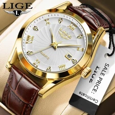 LIGE Unisex Watch Quartz Date Luminous Waterproof Leather Classic Wristwatches