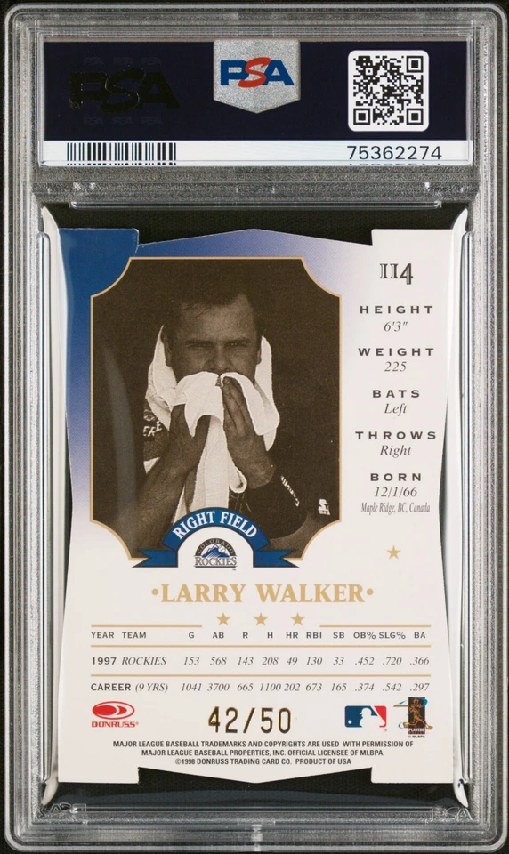 1998 LEAF DIAMOND AXIS DIE-CUTS #114 LARRY WALKER SP #/50 PSA 8 NM-MT POP 1 NO ↑ - Image 2 of 2