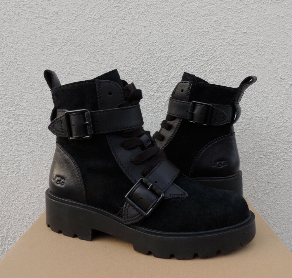 UGG ZORRAH BLACK WATERPROOF SUEDE MOTO BIKER BUCKLE BOOTS, US 5/ EUR 36 ~NEW