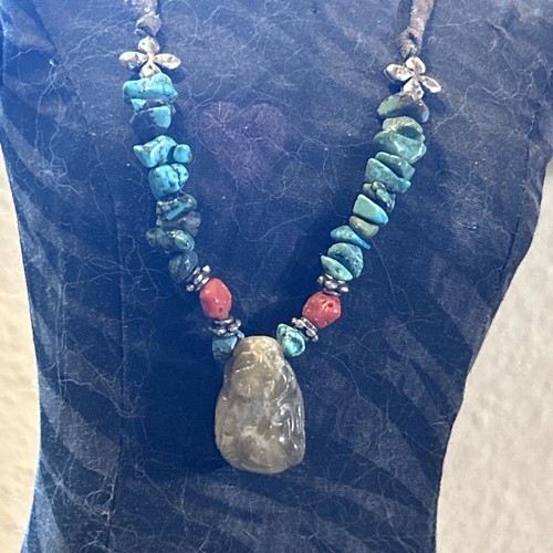 Original Jade Lachender Buddha Anhänger mit Koralle, Türkis, Silber Lederband - Bild 5 von 9