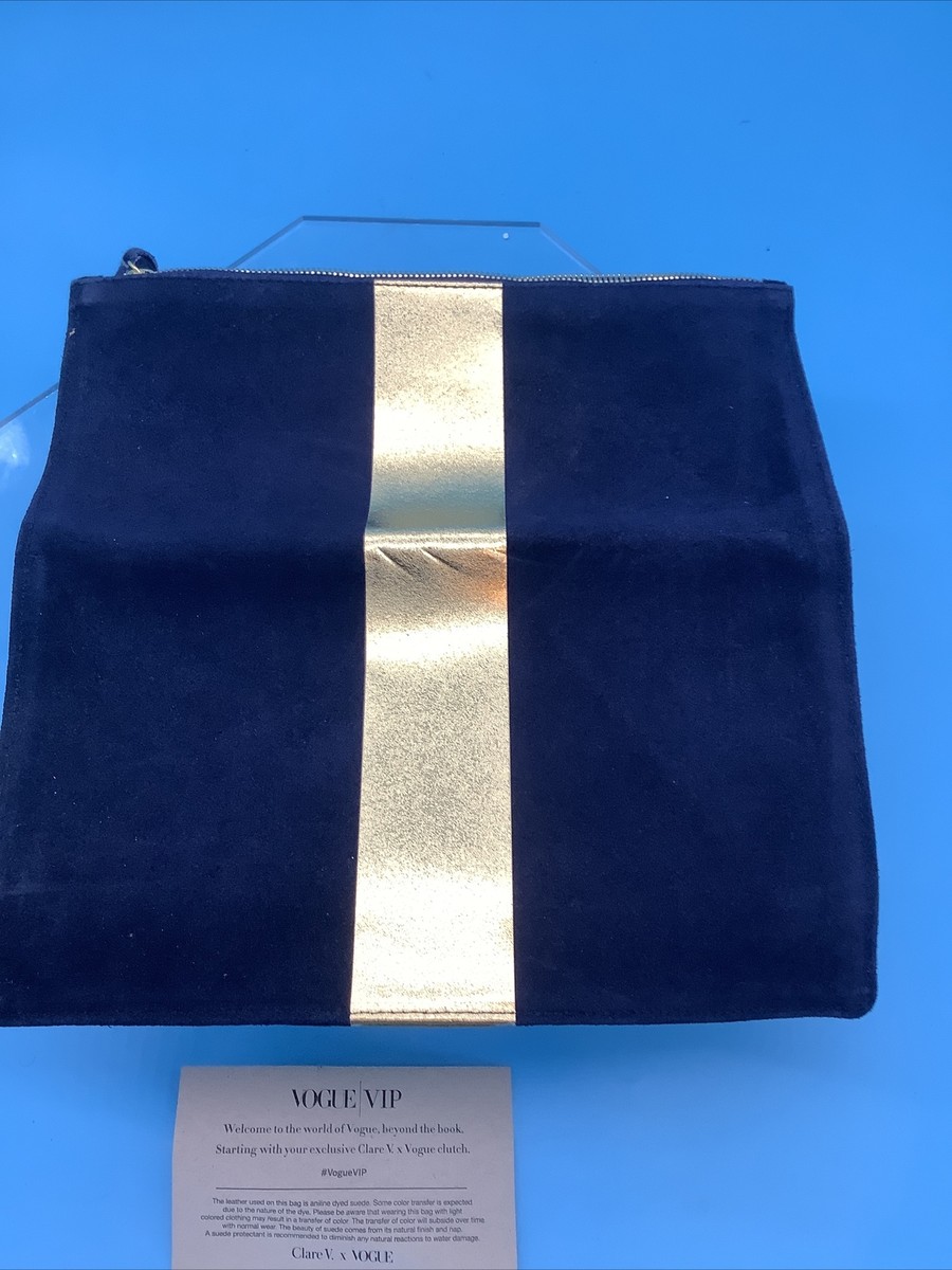 CLARE V. FOLDOVER CLUTCH NAVY BLUE SUEDE GOLD RACING STRIPES VOGUE 