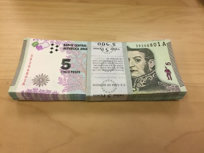 LOT ARGENTINA BANKNOTE P. 359 5 PESOS (2015) PREFIX A,  LOT OF 100, UNC. YYY