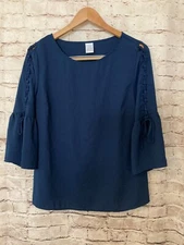 Time And Tru Top Womens Medium Navy Blue Strappy Bell Sleeve Scoop Neck